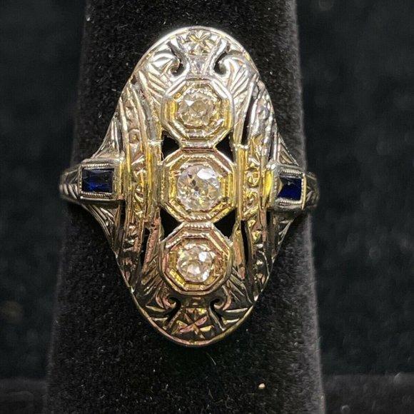 Antique Art Deco 20K White Gold Mine Cut Diamond and Sapphire Ring Size 6 (R013)